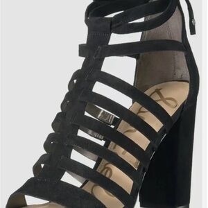 Sam Edelman Black Heels Strappy Design Caged Block Heels Back Zip Worn Once